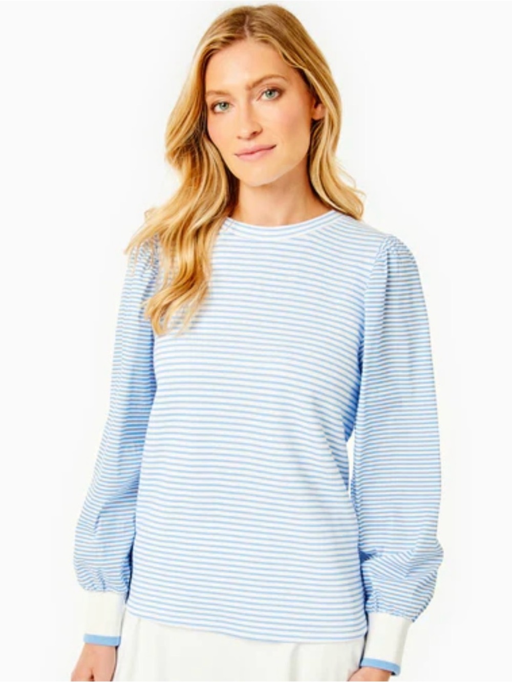 NWOT Addison Bay Penny Pullover Blue and White Puff-Sleeve Long Sleeve Top